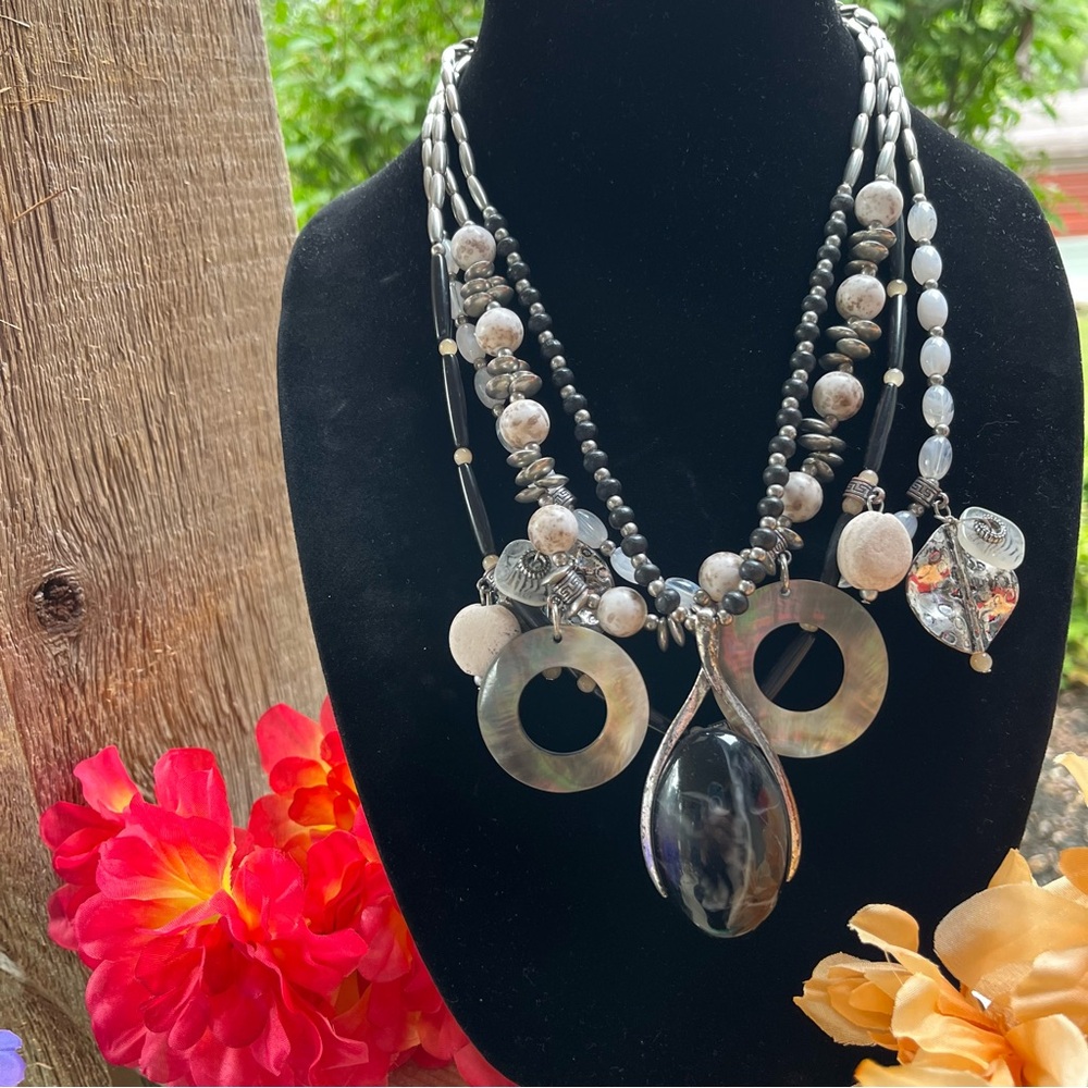 Treska Black Silver-Tone Opalescent Faux Stone Multi-strand Tiered Necklace